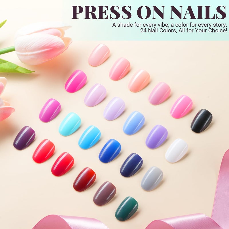 TsMADDTs 24 Colors Press On Nails, TsMADDTs 720 pcs Short Oval Press On Nails with Glue, File, Tabs, Stickers and Tweezer for Home Manicure or Salon - Image 2