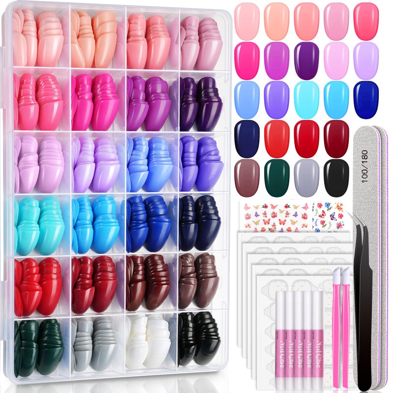 TsMADDTs 24 Colors Press On Nails, TsMADDTs 720 pcs Short Oval Press On Nails with Glue, File, Tabs, Stickers and Tweezer for Home Manicure or Salon - Image 1