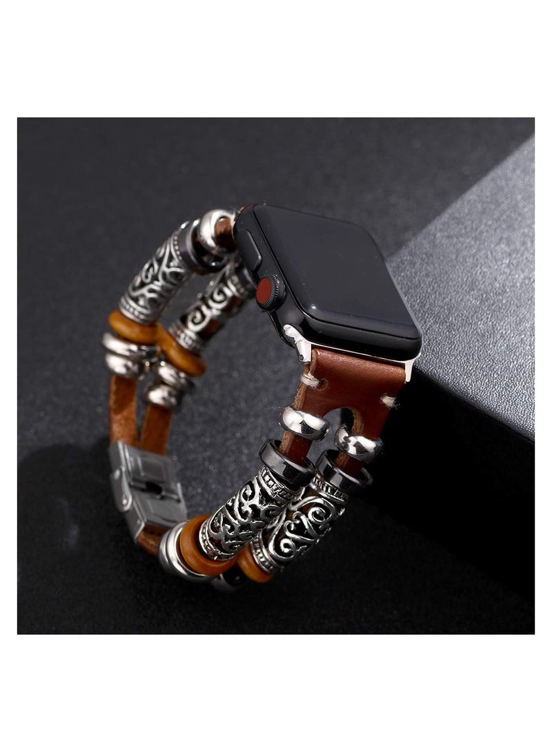 SOLARAE Compatible with Apple Watch Band Boho Fancy Apple Watch Band Multilayer Leather Bracelet Vintage Apple Watch Band for Apple Watch Series7/6/5/4/3/SE - Image 2