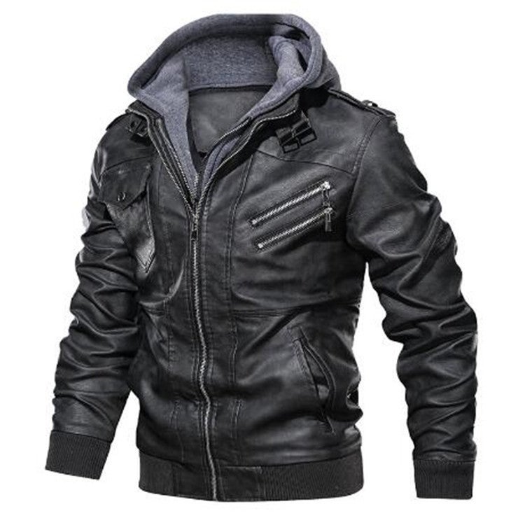Men's Vintage PU Leather Biker Jacket with Detachable Hood Zip Front - Image 4