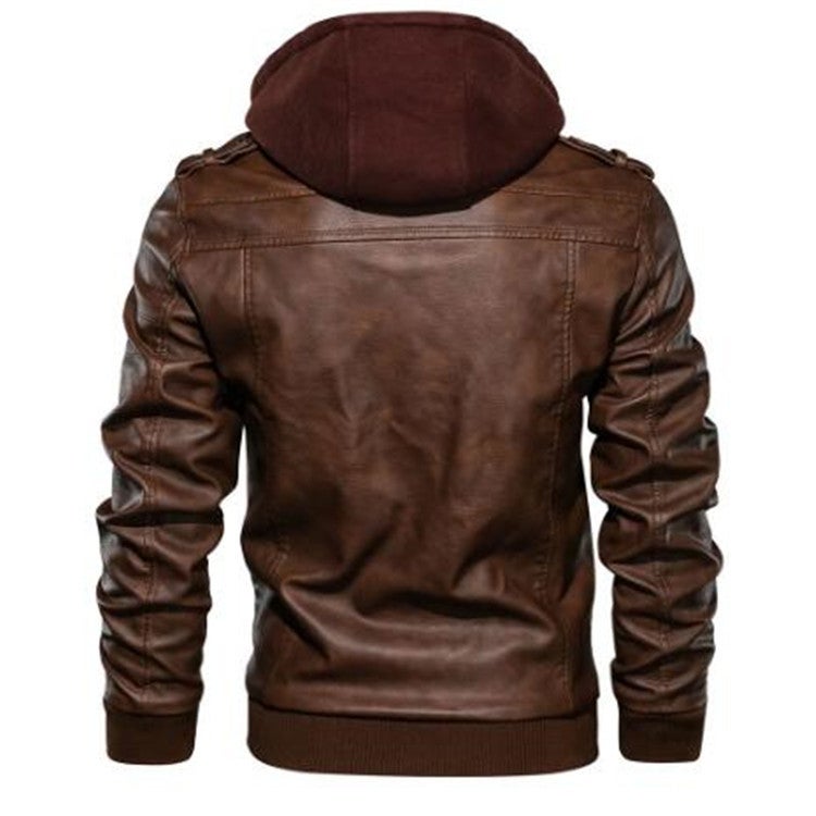 Men's Vintage PU Leather Biker Jacket with Detachable Hood Zip Front - Image 3
