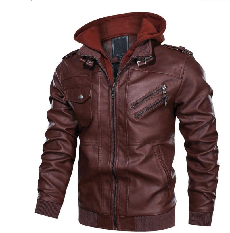 Men's Vintage PU Leather Biker Jacket with Detachable Hood Zip Front - Image 5