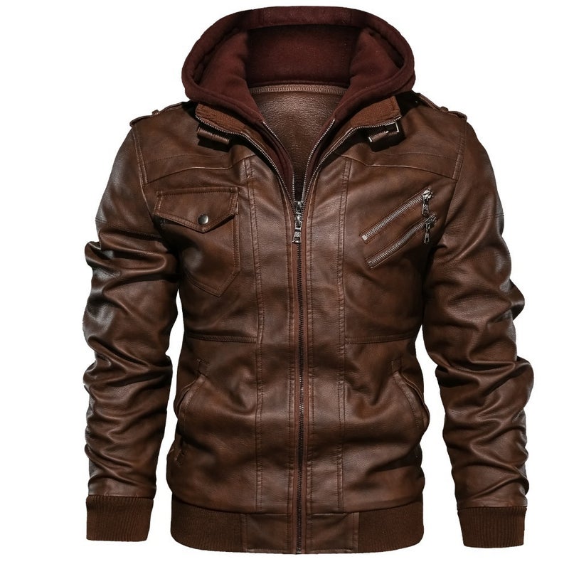 Men's Vintage PU Leather Biker Jacket with Detachable Hood Zip Front - Image 1