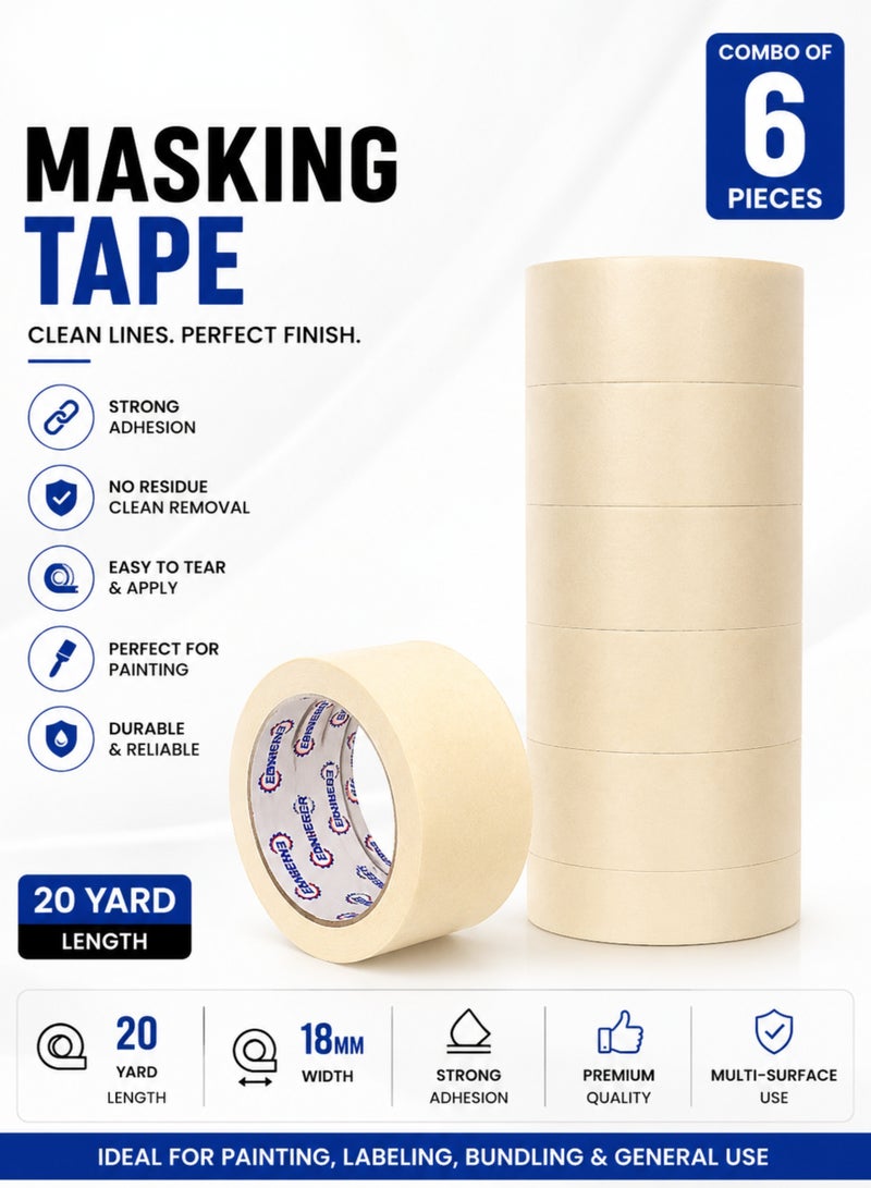 إنجينير شريط لاصق ورقي (Masking Tape) بطول 20 ياردة (عبوة من 6 لفات) | شريط لاصق متعدد الاستخدامات لأعمال الطلاء | شريط ورقي مجعد سهل القطع ومناسب للطلاء، ووضع الملصقات، والأعمال الحرفية، والمشاريع اليدوية، والتغليف. - Image 1