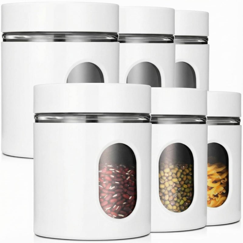 Mimorou 6 Pack Kitchen Canisters Set Airtight Coffee Sugar Tea Storage Jars with Window Glass Stainless Steel Containers with Lids for Flour Cookies Spices Grains Kitchen Decorations(White,20 oz) - Image 1