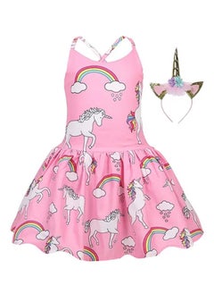 Generic Unicorn Print Dresses With Headband for Girls  - Image 1