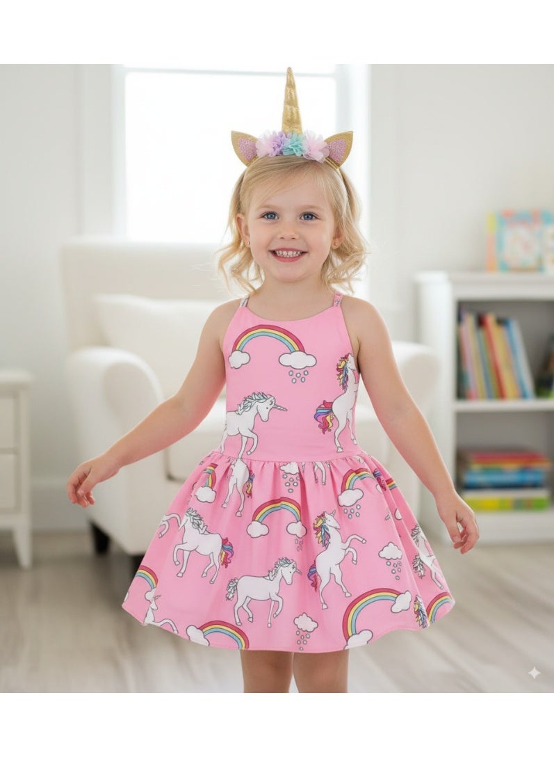 Unicorn Print Dresses With Headband for Girls - Image 1
