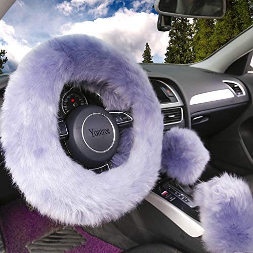Yontree Fashion Fluffy Steering Wheel Covers for Women/Girls/Ladies Australia Pure Wool 15 Inch 1 Set 3 Pcs (Gray) - Image 1