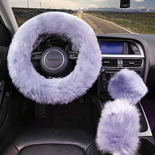 Yontree Fashion Fluffy Steering Wheel Covers for Women/Girls/Ladies Australia Pure Wool 15 Inch 1 Set 3 Pcs (Gray) - Image 3