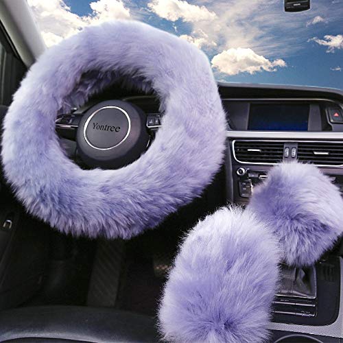 Yontree Fashion Fluffy Steering Wheel Covers for Women/Girls/Ladies Australia Pure Wool 15 Inch 1 Set 3 Pcs (Gray) - Image 2
