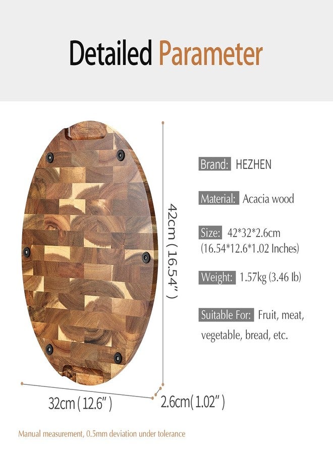 HEZHEN Cutting Board, End Wood Grain Chopper Board, Built-In Juice Grooves& Handle, Acacia Wood Oval Serving Board, Kitchen Accessory - Image 2