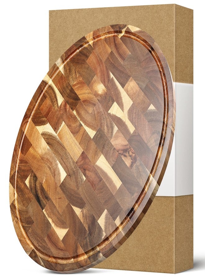 HEZHEN Cutting Board, End Wood Grain Chopper Board, Built-In Juice Grooves& Handle, Acacia Wood Oval Serving Board, Kitchen Accessory - Image 1