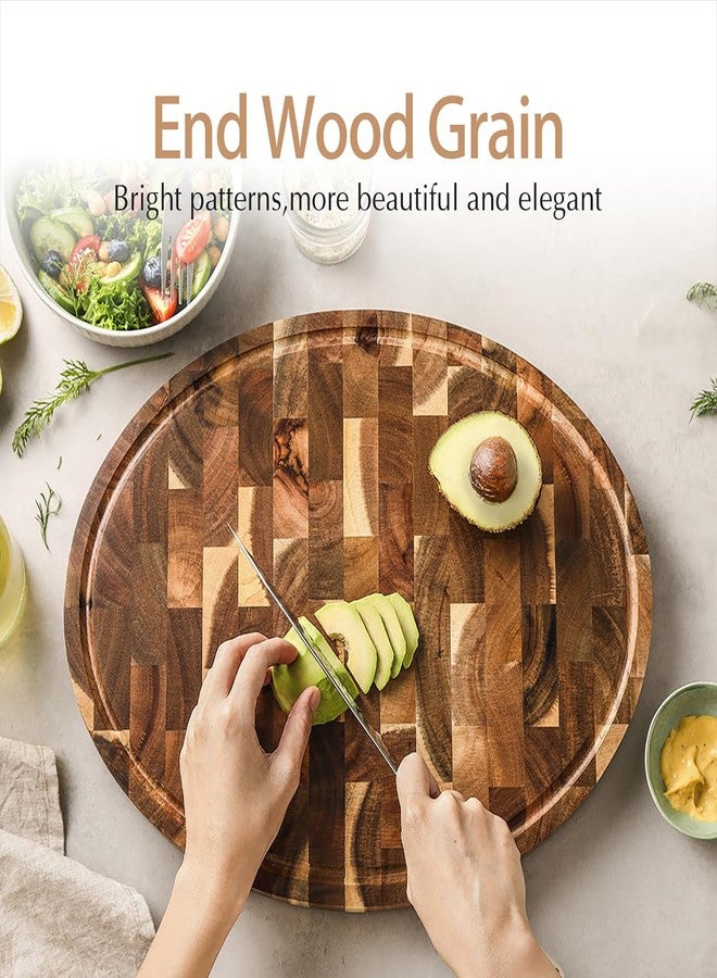 HEZHEN Cutting Board, End Wood Grain Chopper Board, Built-In Juice Grooves& Handle, Acacia Wood Oval Serving Board, Kitchen Accessory - Image 4
