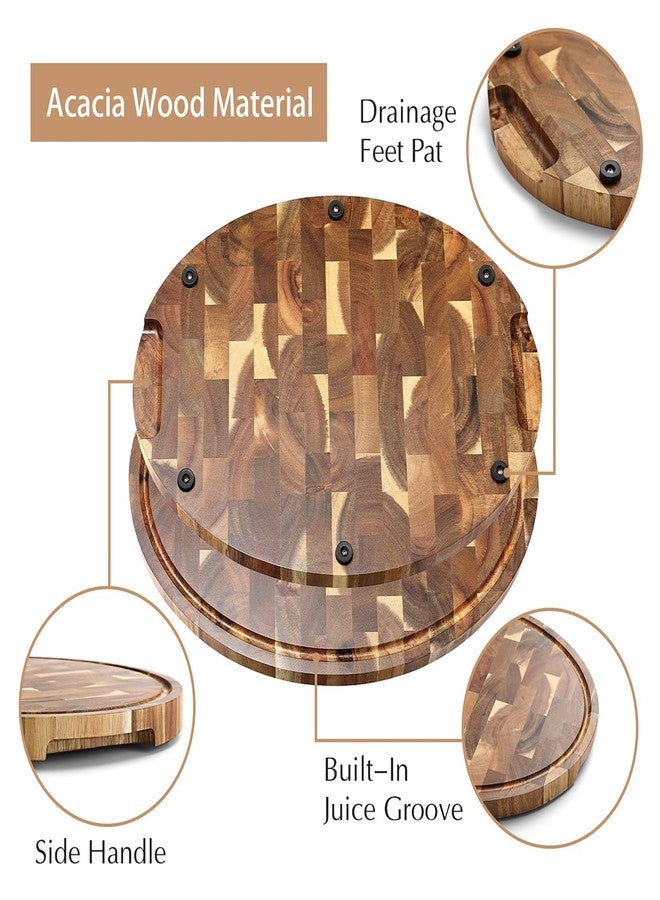 HEZHEN Cutting Board, End Wood Grain Chopper Board, Built-In Juice Grooves& Handle, Acacia Wood Oval Serving Board, Kitchen Accessory - Image 3