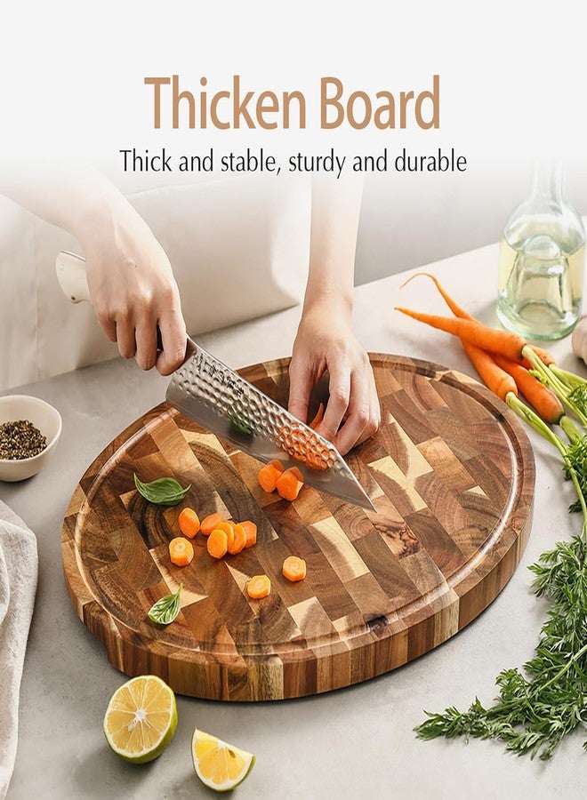 HEZHEN Cutting Board, End Wood Grain Chopper Board, Built-In Juice Grooves& Handle, Acacia Wood Oval Serving Board, Kitchen Accessory - Image 5