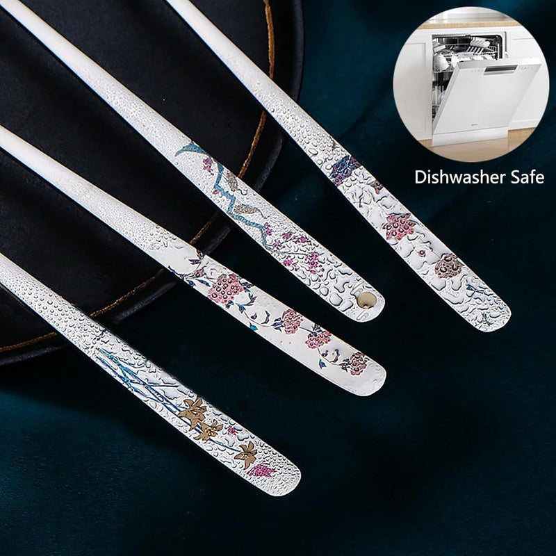 YAPULLYA ملاعق حساء كورية، ستانلس ستيل 18/8 بمقبض طويل 8 بوصة، ملاعق عشاء معدنية آسيوية، مجموعة من 4 (زهور) - Image 2