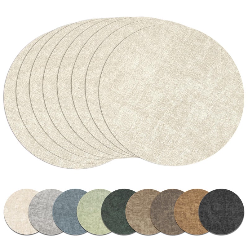 NCUE 13" Round Placemats Set of 8, Reversible Faux Leather Heat Resistant Table Mats, 100% Waterproof Oilproof Wipeable Table Protective Placemats for Vinyl, Washable for Indoor & Outdoor Use (8, Beige) - Image 1
