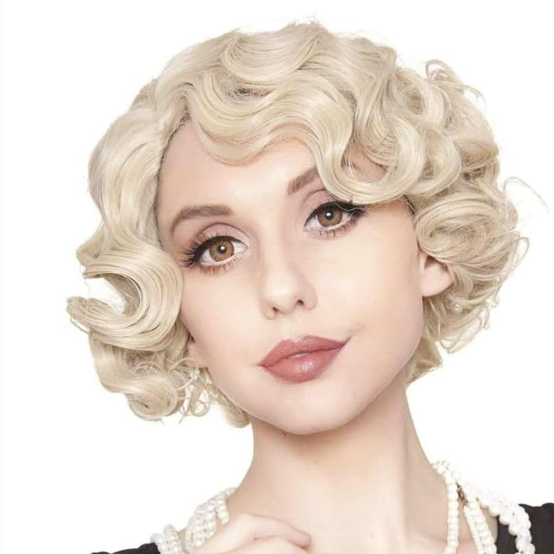 Blonde Short Curly Finger Wave Wig for Women 1920s 30s Synthetic Side Part Cosplay Wig for Vintage Costume Hair Wig