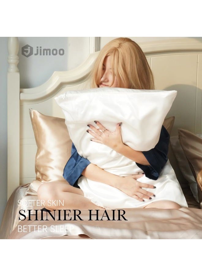 J JIMOO غطاء وسادة من حرير التوت 100% للشعر والبشرة، غطاء وسادة حرير طبيعي 22 مومي مع سحاب، غطاء وسادة حرير نقي من الجانبين للنساء والأمهات والرجال (أبيض، كوين 20''×30'') - Image 3