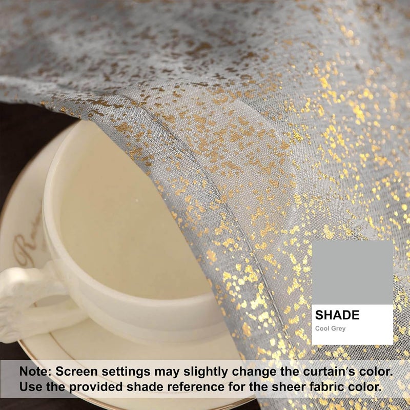 TERLYTEX TERLTYEX Grey Gold Sheer Curtains 90 Inch Length, Metallic Gold Foil Spray Spots Shimmer Sheer Curtains for Bedroom, Grommet Privacy Sparkle Shimmer Sheer Curtain, 52 x 90 Inch, 2 Panels - Image 4