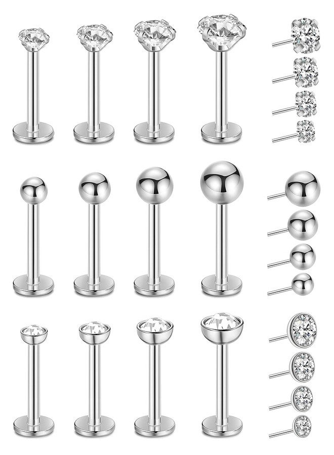 NICEIGHT 16G 18G 20G 12Pcs Stainless Steel Threadless Earrings for Women Men Cartilage Tragus Helix Earrings Lip Stud Push in Nose Studs CZ Labret Monroe Stud Medusa Piercing Jewelry 16G 8MM - Image 1