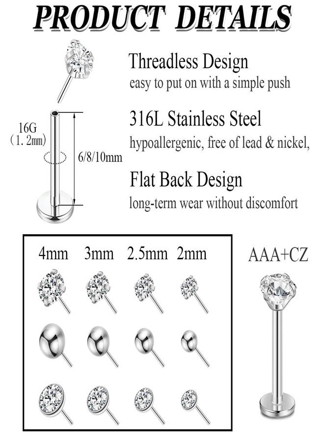 NICEIGHT 16G 18G 20G 12Pcs Stainless Steel Threadless Earrings for Women Men Cartilage Tragus Helix Earrings Lip Stud Push in Nose Studs CZ Labret Monroe Stud Medusa Piercing Jewelry 16G 8MM - Image 3