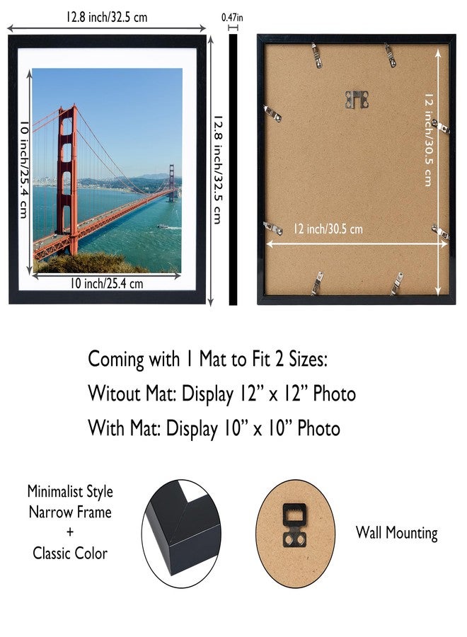 HEYTUYA 12x12 inch Picture Frame Black for Wall Hanging, Poster Frame Display 10x10 inch with Mat or 12x12 Without Mat, Square Wall Gallery Photo Frame with Shatter Resistant Plexiglas, Black - Image 2