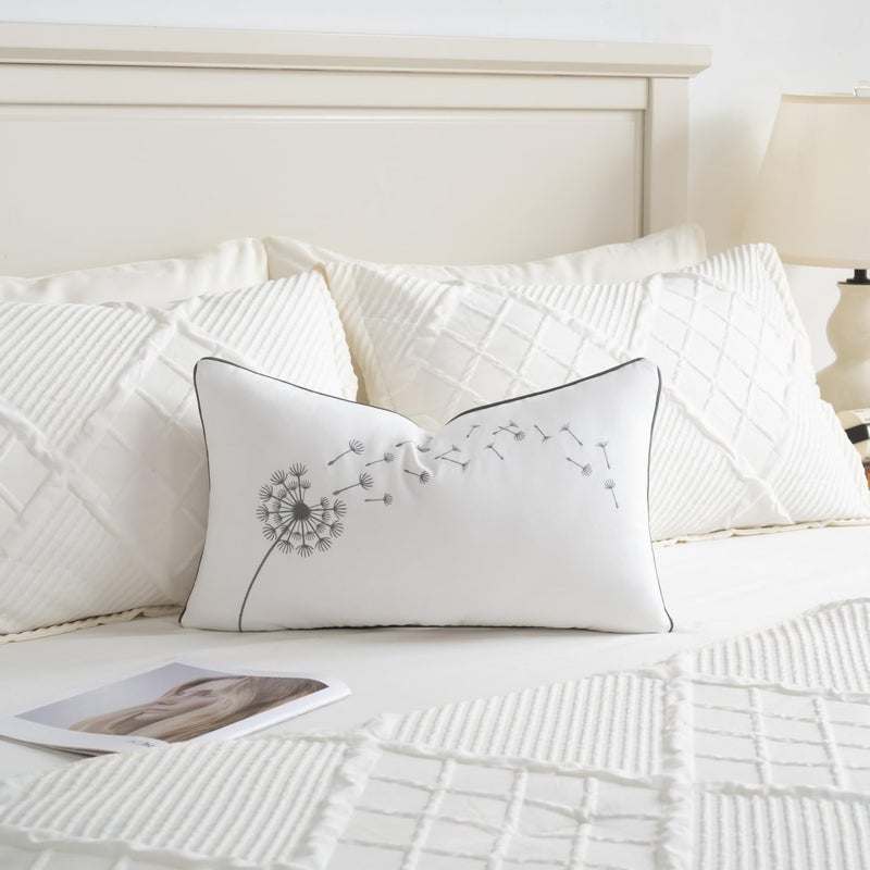 Sanmetex Sunkifover Floral Lumbar Pillow Cover 12x20 Inch â€“ Cotton Embroidery Decorative Pillow Case, White & Grey Dandelion Flower Design, Rectangular Throw Cushion Cover for Bed, Living Room, Home Decor - Image 2