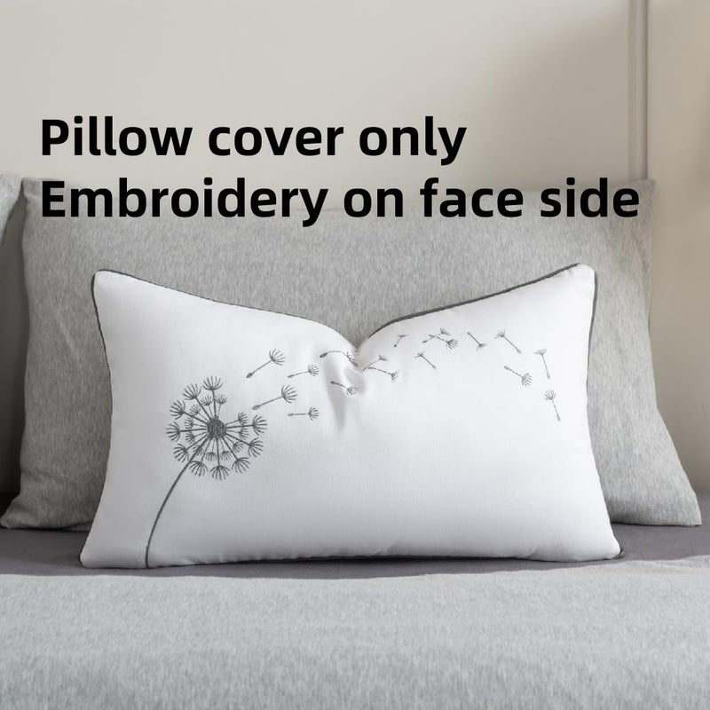 Sanmetex Sunkifover Floral Lumbar Pillow Cover 12x20 Inch â€“ Cotton Embroidery Decorative Pillow Case, White & Grey Dandelion Flower Design, Rectangular Throw Cushion Cover for Bed, Living Room, Home Decor - Image 3
