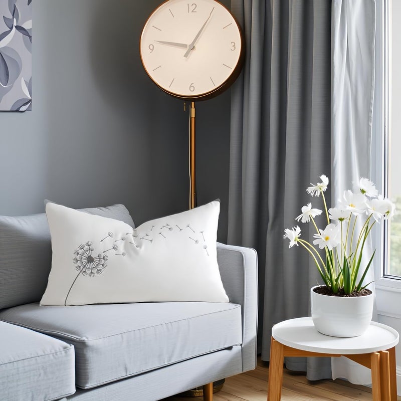 Sanmetex Sunkifover Floral Lumbar Pillow Cover 12x20 Inch â€“ Cotton Embroidery Decorative Pillow Case, White & Grey Dandelion Flower Design, Rectangular Throw Cushion Cover for Bed, Living Room, Home Decor - Image 5