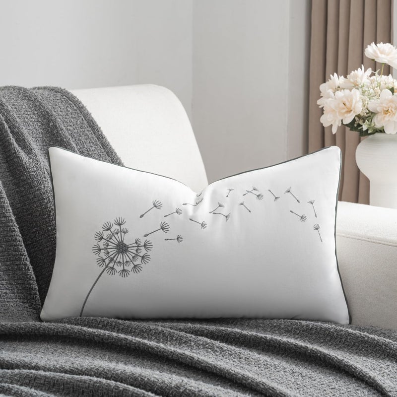 Sanmetex Sunkifover Floral Lumbar Pillow Cover 12x20 Inch â€“ Cotton Embroidery Decorative Pillow Case, White & Grey Dandelion Flower Design, Rectangular Throw Cushion Cover for Bed, Living Room, Home Decor - Image 1