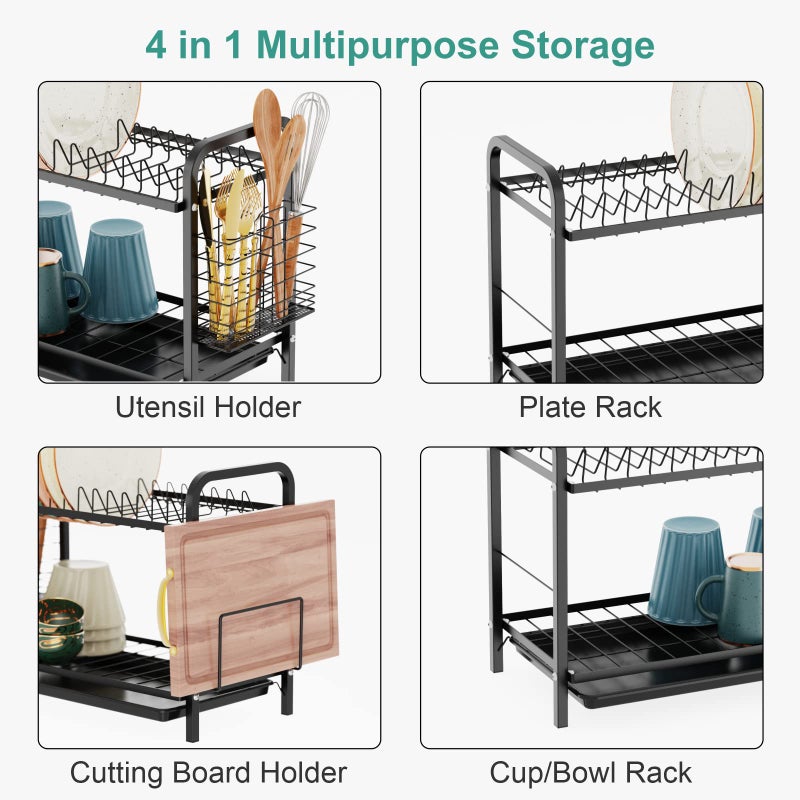 GSlife Dish Drying Rack, 2 Tier Rust-Resistant Dish Rack with Drainboard Compact Dish Drainer with Utensil Holder, Cutting Board Holder for Kitchen Counter, Black - Image 4