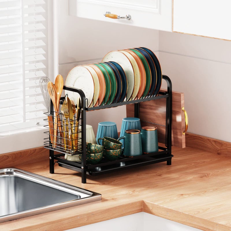 GSlife Dish Drying Rack, 2 Tier Rust-Resistant Dish Rack with Drainboard Compact Dish Drainer with Utensil Holder, Cutting Board Holder for Kitchen Counter, Black - Image 2