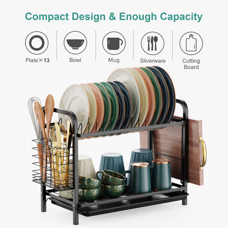 GSlife Dish Drying Rack, 2 Tier Rust-Resistant Dish Rack with Drainboard Compact Dish Drainer with Utensil Holder, Cutting Board Holder for Kitchen Counter, Black - Image 3