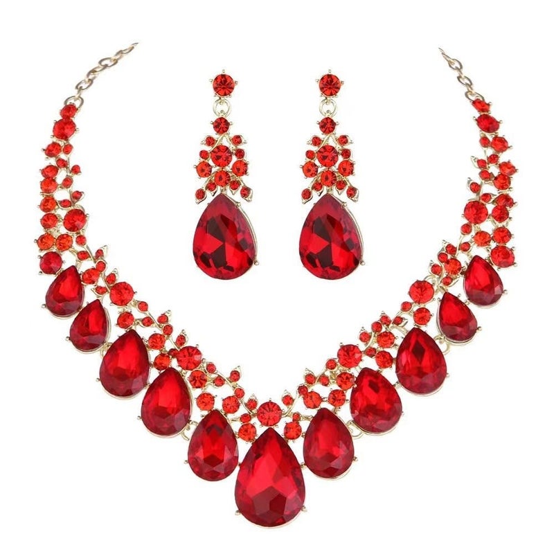 Qlavoca Crystal Teardrop Bridal Jewelry Set Rhinestone Bib Statement Necklace Dangle Earrings Women Costume Fashion Necklace for Wedding Prom (Red-Gold-Tone) - Image 1