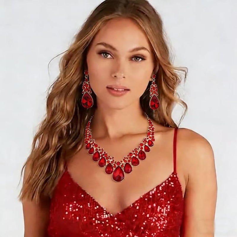 Qlavoca Crystal Teardrop Bridal Jewelry Set Rhinestone Bib Statement Necklace Dangle Earrings Women Costume Fashion Necklace for Wedding Prom (Red-Gold-Tone) - Image 2