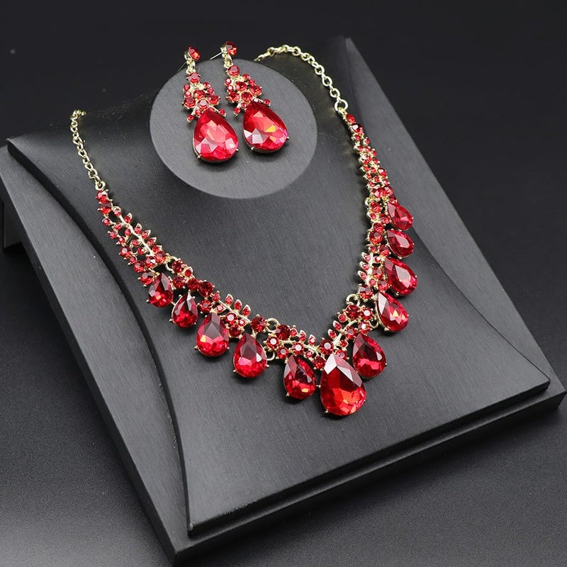 Qlavoca Crystal Teardrop Bridal Jewelry Set Rhinestone Bib Statement Necklace Dangle Earrings Women Costume Fashion Necklace for Wedding Prom (Red-Gold-Tone) - Image 4