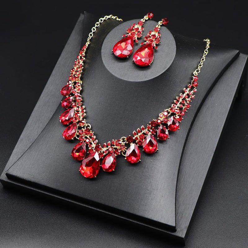 Qlavoca Crystal Teardrop Bridal Jewelry Set Rhinestone Bib Statement Necklace Dangle Earrings Women Costume Fashion Necklace for Wedding Prom (Red-Gold-Tone) - Image 5