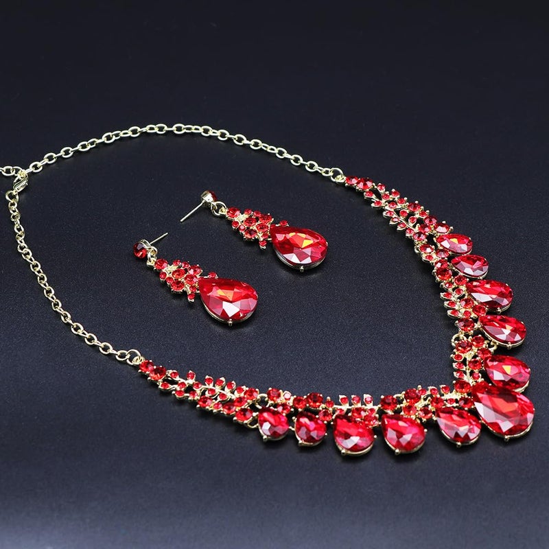 Qlavoca Crystal Teardrop Bridal Jewelry Set Rhinestone Bib Statement Necklace Dangle Earrings Women Costume Fashion Necklace for Wedding Prom (Red-Gold-Tone) - Image 3