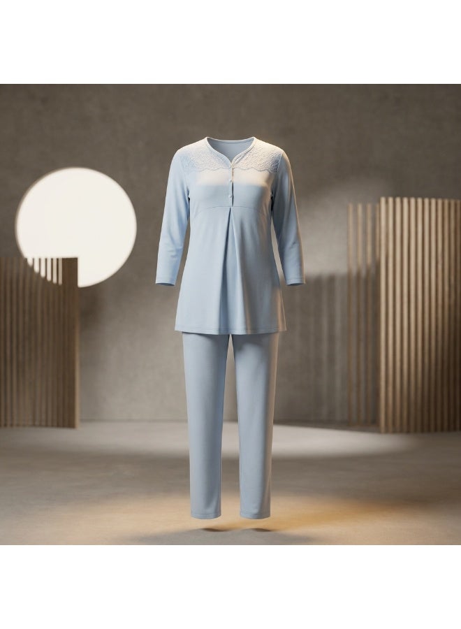 Women's Maternity & Nursing Pajama Set - 2 Piece Long Sleeve Button-Front Top & Adjustable Waist Pants | Cotton Viscose Blend Sleepwear | Made in Turkey - Image 1