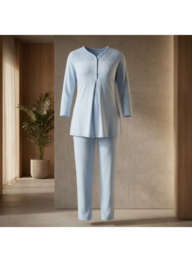 Women's Maternity & Nursing Pajama Set - 2 Piece Long Sleeve Button-Front Top & Adjustable Waist Pants | Cotton Viscose Blend Sleepwear | Made in Turkey - Image 2