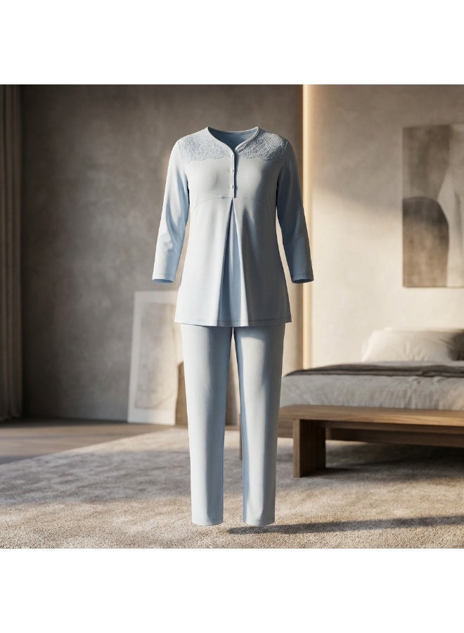 Women's Maternity & Nursing Pajama Set - 2 Piece Long Sleeve Button-Front Top & Adjustable Waist Pants | Cotton Viscose Blend Sleepwear | Made in Turkey - Image 3