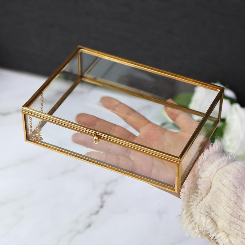 HighFree Gold Glass Photo Box - Vintage Photo Storage Organizer - Keepsake Display Box - Clear Jewelry Glass Box - Home Decor Box for Trinket Rings Bracelet (Samll) - Image 5