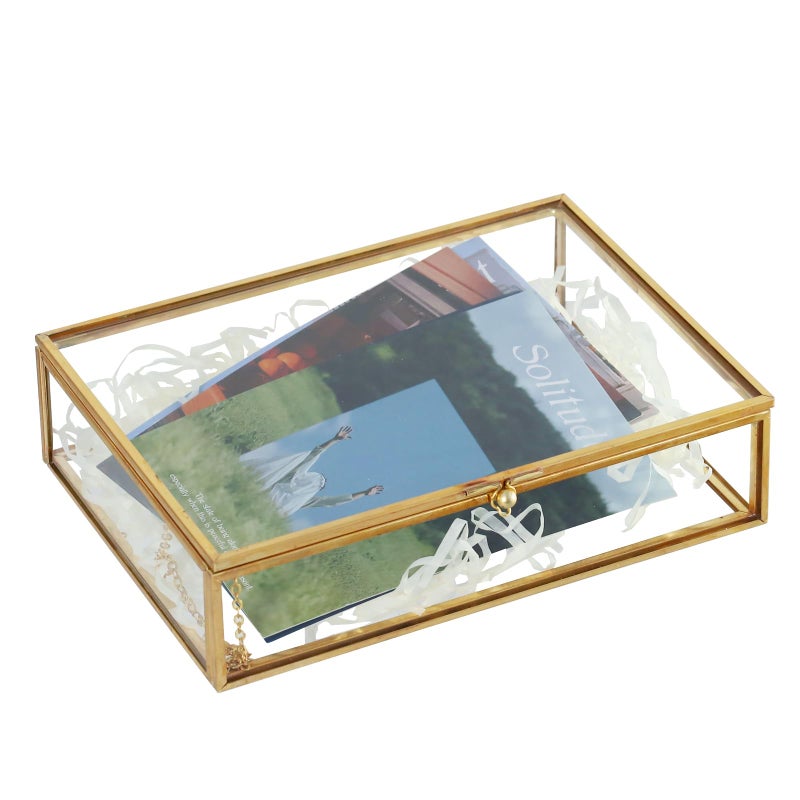 HighFree Gold Glass Photo Box - Vintage Photo Storage Organizer - Keepsake Display Box - Clear Jewelry Glass Box - Home Decor Box for Trinket Rings Bracelet (Samll) - Image 1