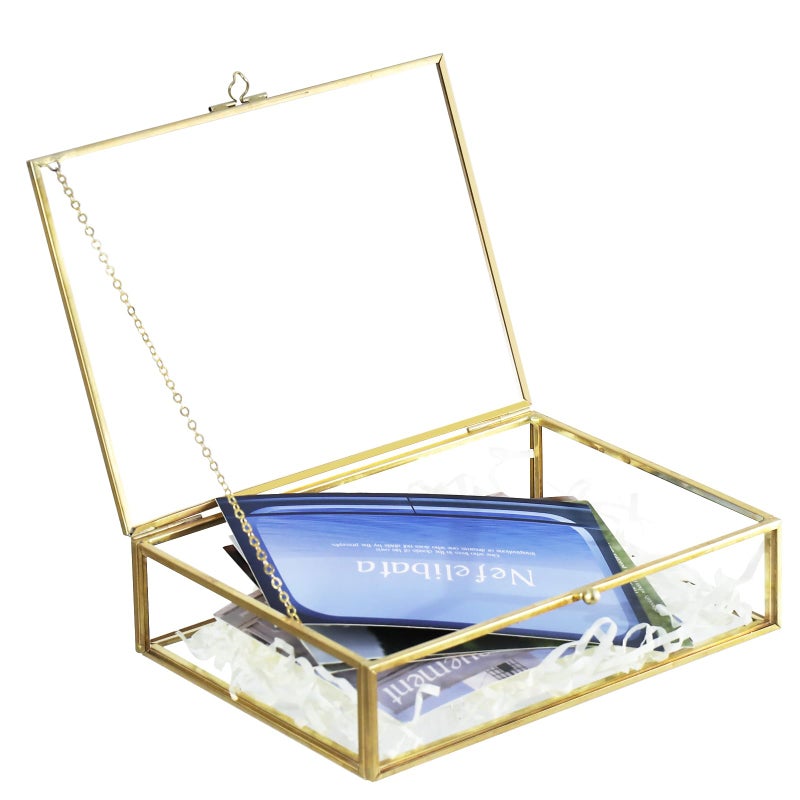 HighFree Gold Glass Photo Box - Vintage Photo Storage Organizer - Keepsake Display Box - Clear Jewelry Glass Box - Home Decor Box for Trinket Rings Bracelet (Samll) - Image 3