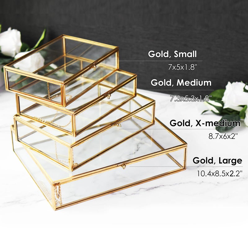 HighFree Gold Glass Photo Box - Vintage Photo Storage Organizer - Keepsake Display Box - Clear Jewelry Glass Box - Home Decor Box for Trinket Rings Bracelet (Samll) - Image 4