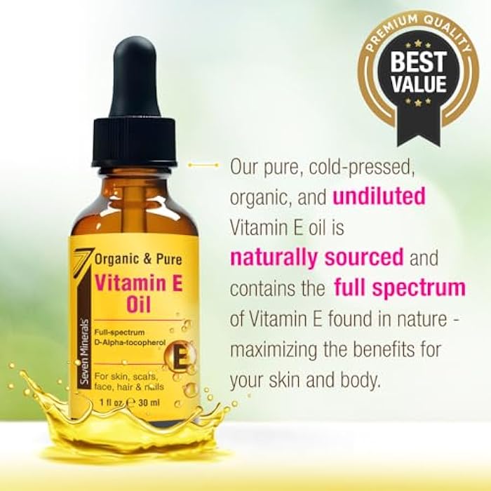 Seven Minerals Ultra Pure Vitamin E Oil - Full-Spectrum D-Alpha Tocopherol, 1 Fl Oz - 100% Organic Vitamin E Oil for Skin, Face, Hair, and Scars - Naturally Occurring = Not Synthetic - Image 3