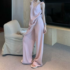 Generic Elegant Socialite Pink Hot Girl Tank Top Womens Summer Wide Leg Pants 2-Piece Set Stylish Co-Ord Set For Special Occasions Pink top + pink casual pants 