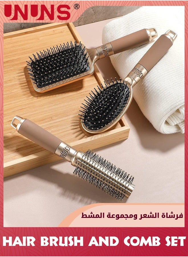 مجموعة مشط فرشاة الشعر، مجموعة مكونة من 4 فرش شعر مبطنة كبيرة ومتوسطة الحجم مع فرشاة مشط مستديرة لفك التشابك بسهولة