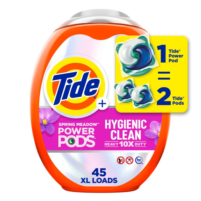 Tide Hygienic Clean Heavy 10x Duty Power PODS Laundry Detergent Pacs For Visible and Invisible Dirt Spring Meadow Scent 45 Count